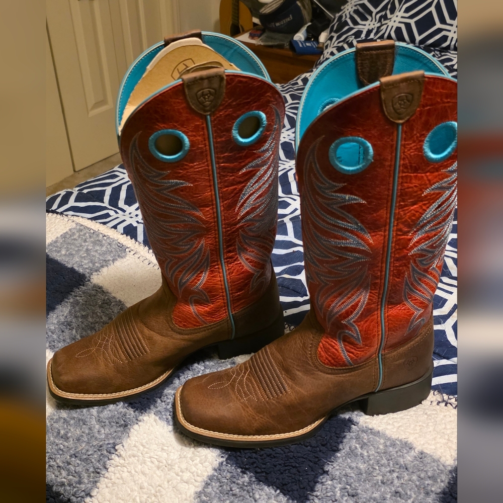 Ariat Women's Brown and Red Western Boots with Teal Accents